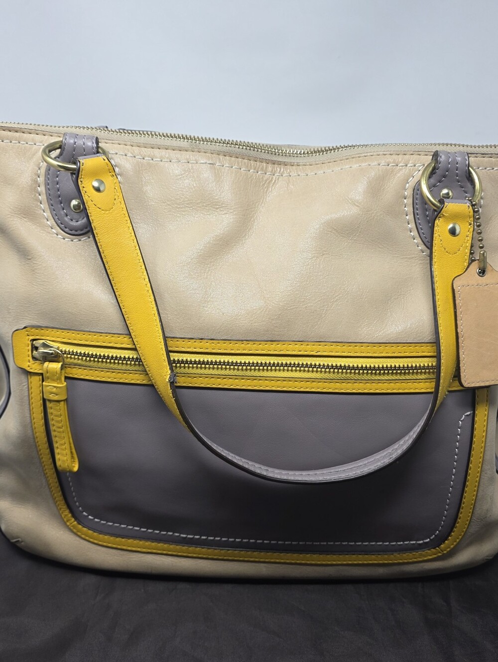 Coach Poppy Color Block Hallie Tote 22430 yellow gray beige